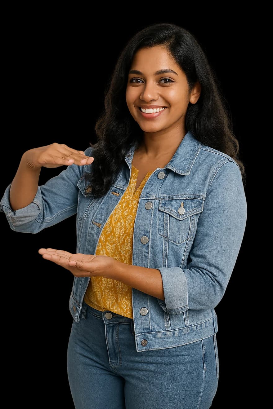 AI-generated illustration of a smiling woman presenting, with her hands held out.
