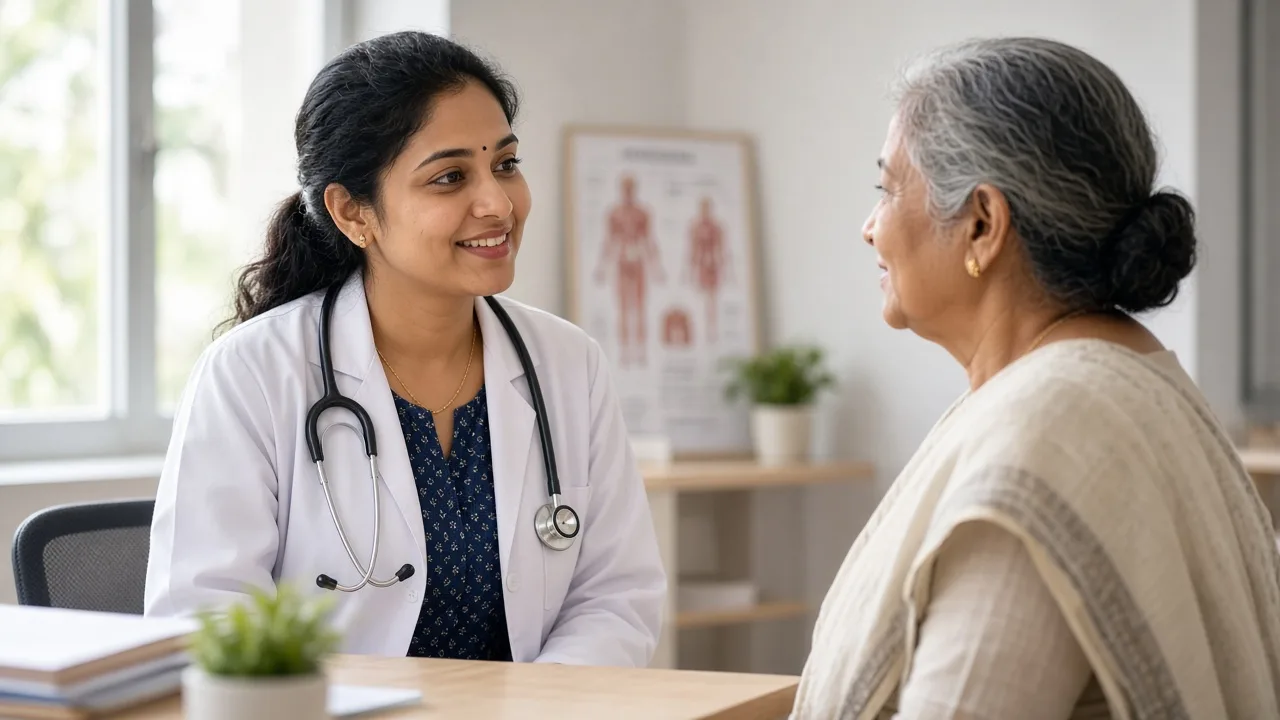 AI-generated illustration: a smiling doctor in a white coat talking with an older patient in a bright clinic room.