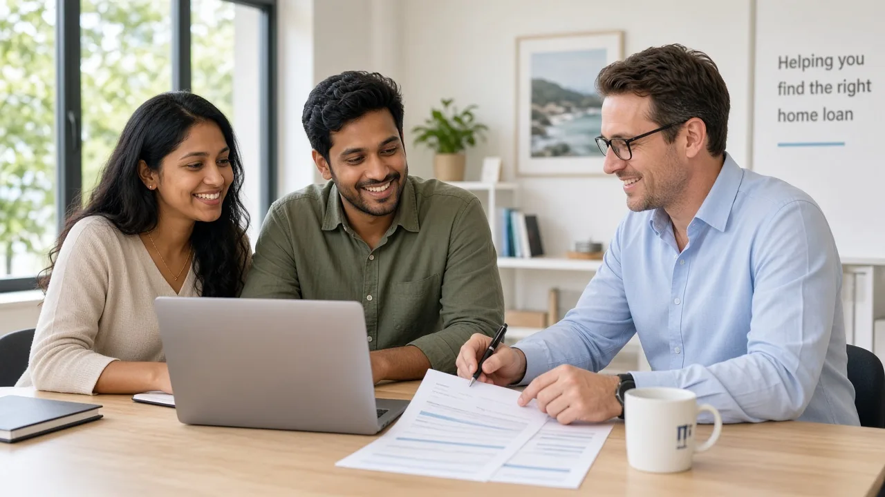AI-generated illustration: a couple and a broker looking over loan paperwork and a laptop at a table.