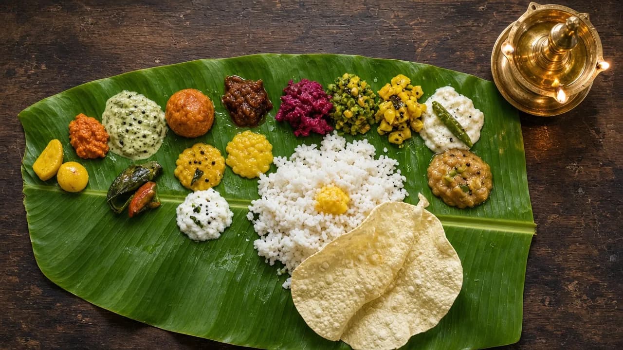 AI-generated illustration: a Kerala sadya meal served on a banana leaf beside a brass lamp.