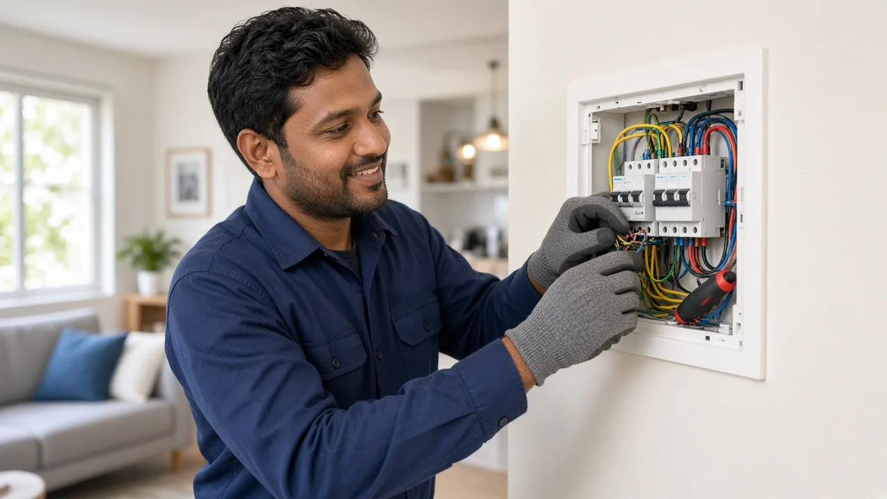 AI-generated illustration: a smiling electrician in work gloves checking a wall-mounted switchboard in a living room.